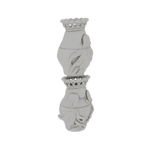 Una representación 3D de una figura de búho ornamentado gris con una corona detallada, con intrincadas texturas de plumas.
