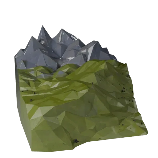Alpine Valley Biome Low Poly 3D model, game viewport three-quarter view, showing terrain layers, terrain detail.