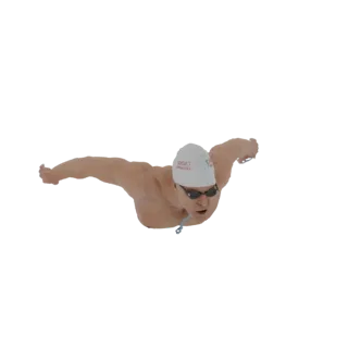 Modèle 3D d'un nageur masculin dans une pose dynamique de nage papillon, portant un bonnet de bain et des lunettes.
