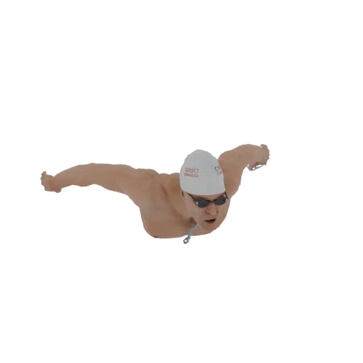 Modelo 3D de um nadador masculino em uma pose dinâmica de estilo borboleta, usando touca e óculos de natação.