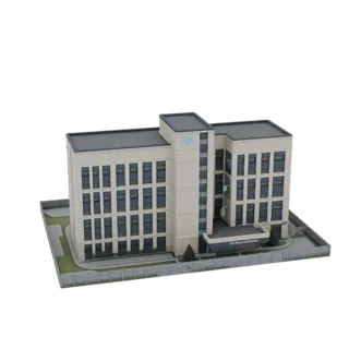 3D model of a modern, multi-story office building with a light facade and dark windows, set against a black background.