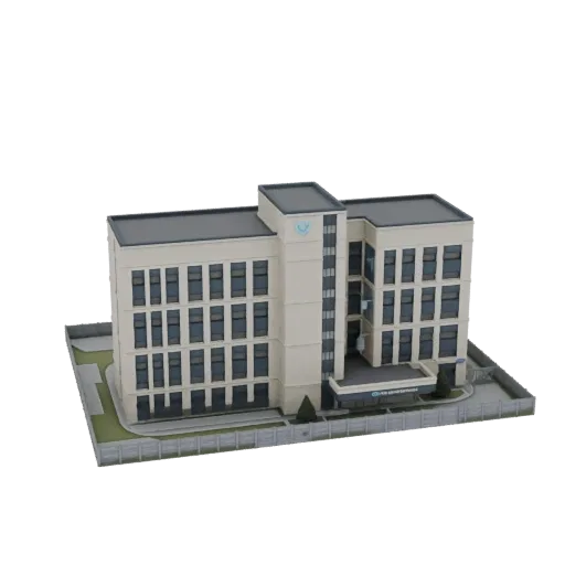 Modello 3D di un moderno edificio per uffici a più piani con facciata chiara e finestre scure, su sfondo nero.