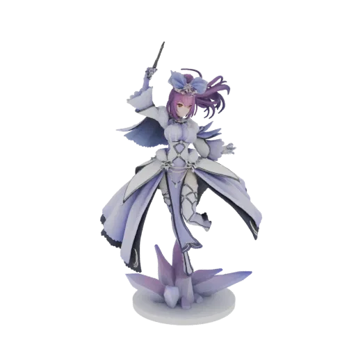 3D model of an elegant ice sorceress in a white and purple gown, holding a wand, standing on a crystal base.