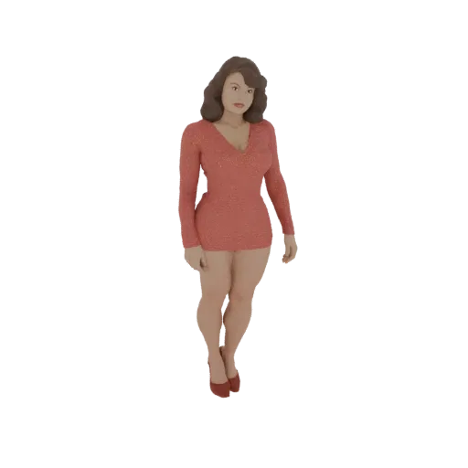 A 3D model of a woman wearing a sparkling red mini dress, posed elegantly.