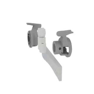 Render 3D di una pinza modulare per braccio robotico con pinza dettagliata, finitura grigio opaco su sfondo bianco.