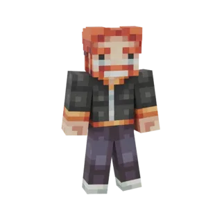 3D-Modell-Render eines männlichen Abenteurers im Minecraft-Stil mit orangen Haaren, schwarzer Jacke und blauer Jeans, der vor