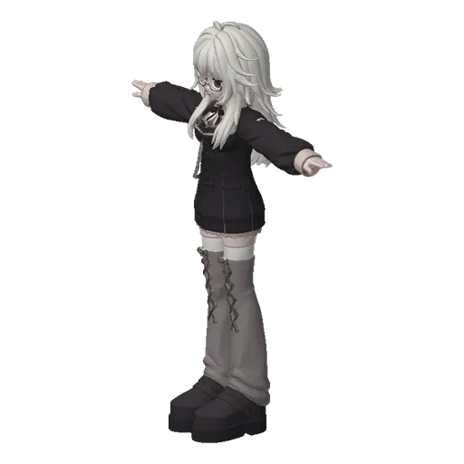 Modello 3D di ragazza anime con capelli bianchi e occhiali, indossa un outfit scuro, in T-pose su sfondo nero.