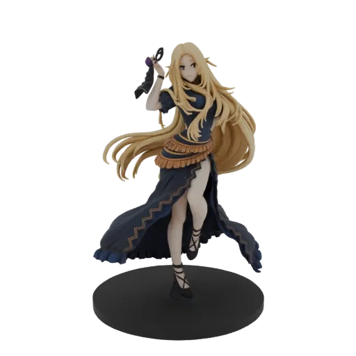 3D model of a female sorceress with long blonde hair, wearing a dark blue gown with gold trim, standing on a black base.