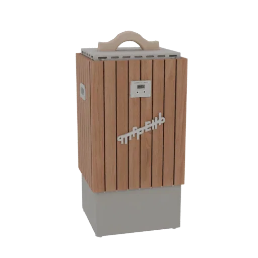3D model of a modern sauna heater with vertical wood paneling, a digital control panel, and a curved wooden handle.