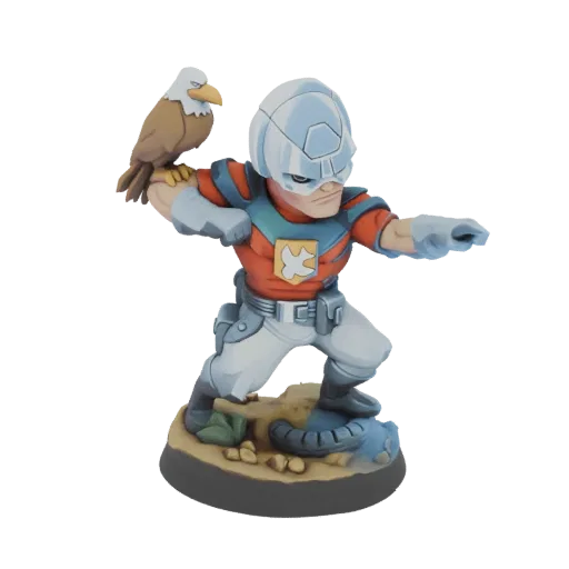 3D model of Peacemaker character with Eagly the eagle perched on his arm, in a dynamic pose.