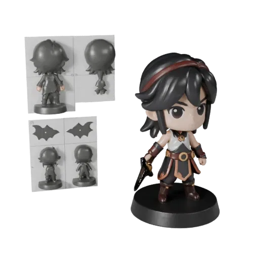 Chibi Fantasy Figurine modular kit 3D model preview showing pose, top-down kitbash view and surface detail