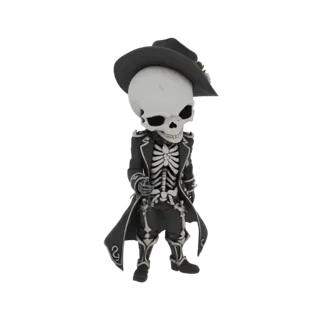 3D model of a chibi skeleton cowboy wearing a black hat and a long coat, with visible ribcage and skeletal details.