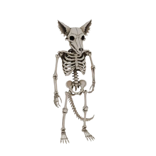 Modèle 3D de chien squelette debout avec une longue queue segmentée, présenté sur fond blanc.