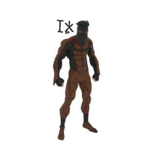 Modelo 3D de um guerreiro musculoso em traje marrom e preto com máscara distintiva, em pose de prontidão.