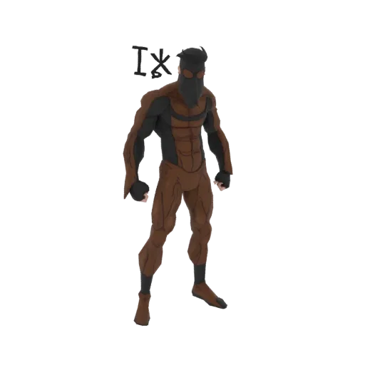 Modelo 3D de un guerrero musculoso con traje marrón y negro y máscara distintiva, en pose de preparación.
