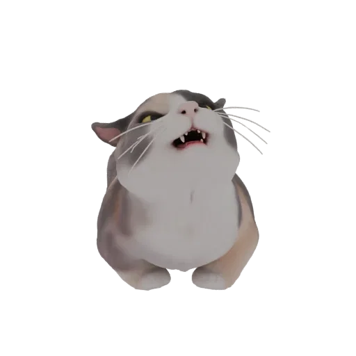 Un modello 3D di un gatto calico con la bocca aperta in un ruggito feroce, denti aguzzi visibili e occhi gialli che fissano.