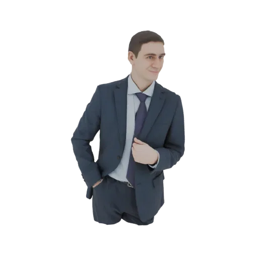 3D model of a man in a dark suit and purple tie, standing with one hand in his pocket.