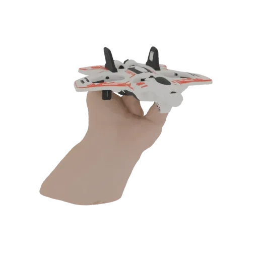 A 3D render of a futuristic white and orange jet fighter toy held in a hand against a white background.