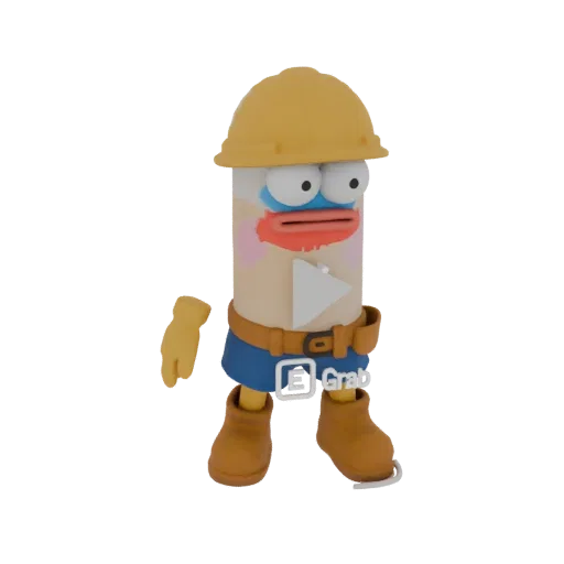 3D model of a cartoon construction worker wearing a yellow hard hat, blue overalls, and brown boots, with a playful expressio