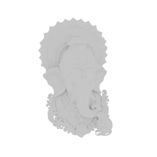 Modèle 3D blanc d'un buste de Ganesh avec un halo orné et des sculptures décoratives, présenté sur fond blanc.