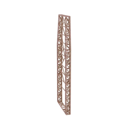 Modello 3D di una singola sezione verticale di una torre industriale a traliccio, che mostra la sua intricata struttura retic