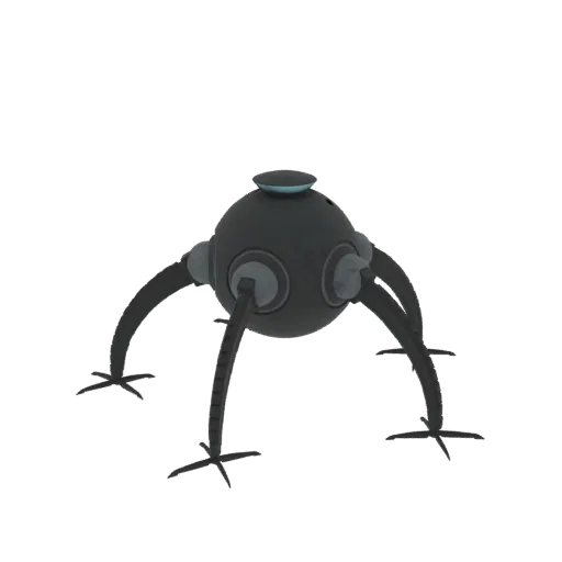 Uma renderização 3D de um robô aranha cinza escuro com quatro pernas e uma luz azul brilhante em sua cabeça, contra um fundo