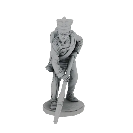 Modello 3D di un soldato dell'era napoleonica in uniforme, inginocchiato e con moschetto, su base circolare.