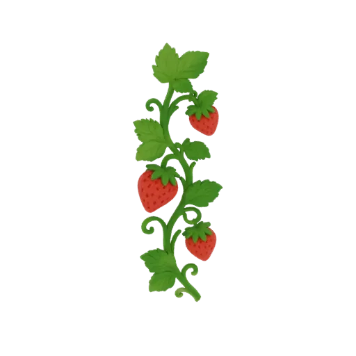 3D model of a decorative strawberry vine with red berries and green leaves, presented as a vertical border.