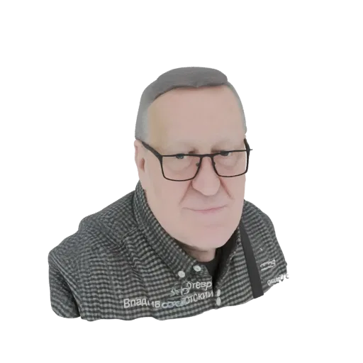 3D model render of an elderly man's bust, wearing glasses and a checkered shirt, with graying hair.