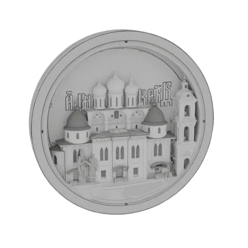 3D model of a white, monochromatic diorama featuring a detailed Orthodox church with onion domes and a bell tower.