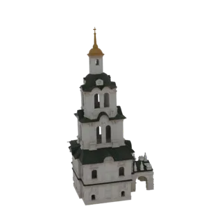 Modelo 3D de un campanario ortodoxo ornamentado con paredes blancas, tejados verdes y una aguja dorada, sobre un fondo blanco