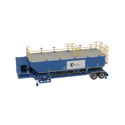3D model of a blue industrial water tank trailer with yellow safety railings and dual wheels, set against a black background.