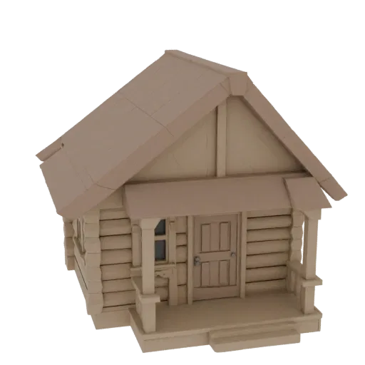 3D model of a rustic log cabin house with a porch, detailed log walls, and a pitched roof, set against a white background.