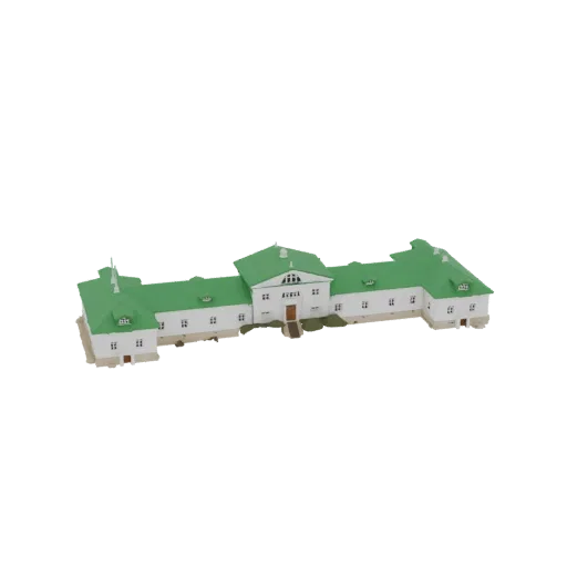 3D model of a classic manor house with a bright green roof and white walls, viewed from a slightly elevated angle.