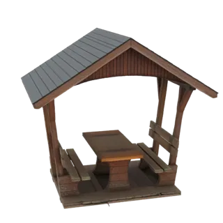 Modello 3D di un gazebo in legno con tetto in tegole grigie, caratterizzato da un tavolo e due panchine in legno integrati.