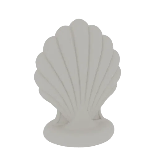 A 3D render of a smooth, light-colored scallop shell with radiating ribs, presented on a white background.