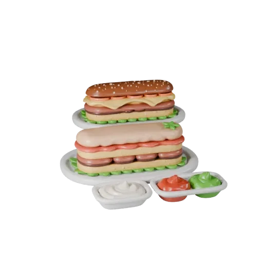 Street Food Burger Meal Product Viz 3D model, three-quarter studio product render, showing sauces, plated composition.