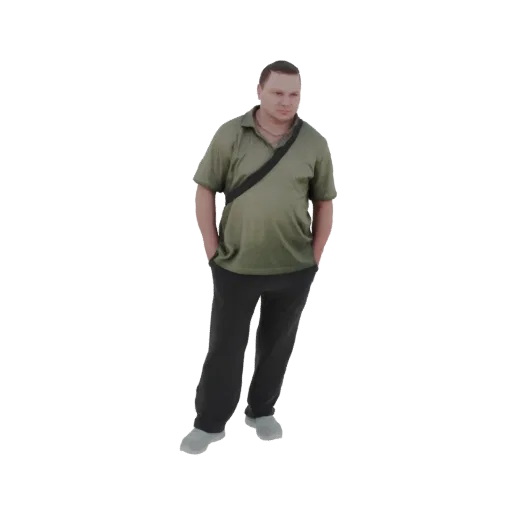 3D model render of a man wearing a green polo shirt, dark trousers, and a black shoulder bag, standing with hands in pockets.