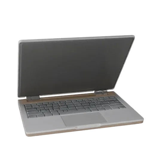 Gaming Convertible Notebook Low Poly 3D model, game viewport three-quarter view, showing brushed metal, open lid angle.