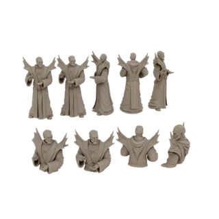 Prévia do modelo 3D de um conjunto de miniaturas de clérigos góticos, mostrando figuras de corpo inteiro e bustos com túnicas