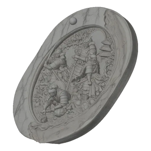 3D model render of an oval plaque with a detailed relief sculpture of a samurai battle scene, featuring warriors, trees, and