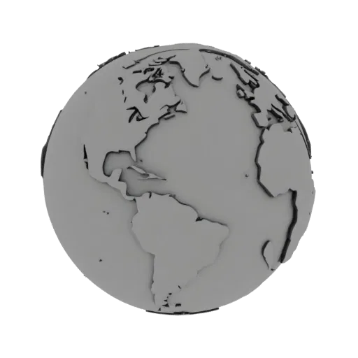 A 3D render of a stylized Earth globe with simplified continents in grayscale, set against a white background.