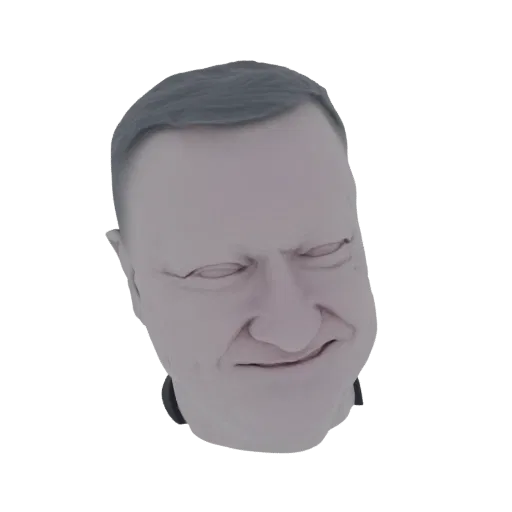 3D model of a man's head with short, dark hair and a neutral expression, rendered against a white background.