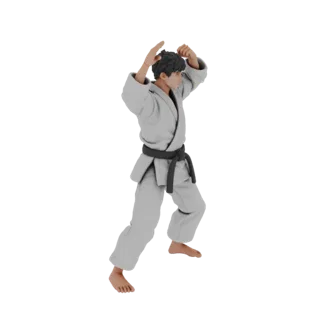 3D model of a male karate practitioner in a white gi and black belt, performing a jodan-uke block in a kokutsu-dachi stance.
