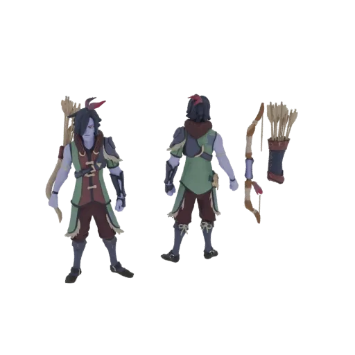 Modelo 3D de personagem arqueiro fantasia com pele azul, vestindo túnica verde e vermelha, segurando arco e aljava com flecha