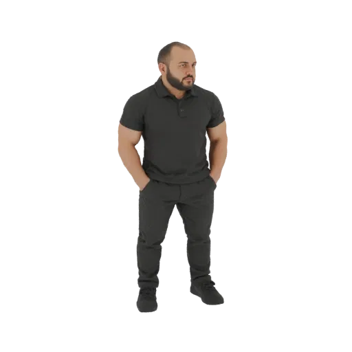 3D model of a man with a beard, wearing a dark grey polo shirt and dark grey pants, standing with hands in pockets.