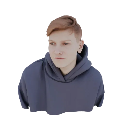 3D model render of a young man with reddish-brown hair wearing a dark grey hoodie, looking to the left.
