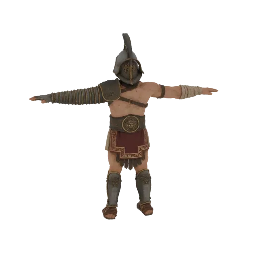 Modèle 3D d'un gladiateur romain portant un casque, une armure et un pagne, debout en pose T sur fond noir.