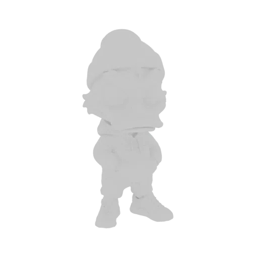 Modèle 3D d'un personnage de canard cartoon portant un sweat à capuche gris et un bonnet gris, avec les mains dans les poches