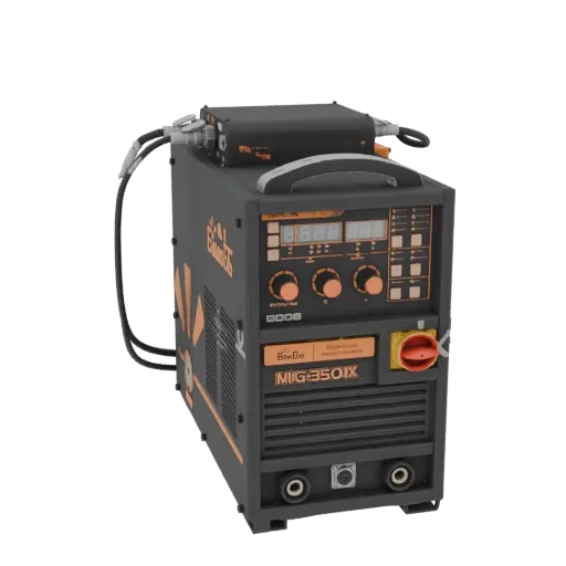 3D model of an Industrial MIG Welder 350IX, showing its black and orange casing, control panel with digital displays, and fro